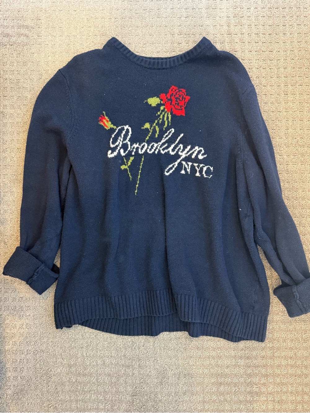 Old Navy Navy Crewneck Sweater with Red Rose Embroidery